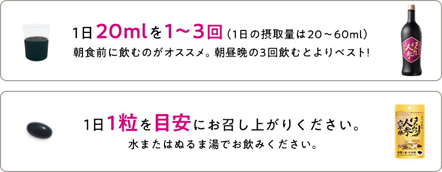 1日20mlを1～3回(1日の摂取量は20～60ml)朝食前に飲むのがオススメ。朝昼晩の3回飲むとよりベスト！